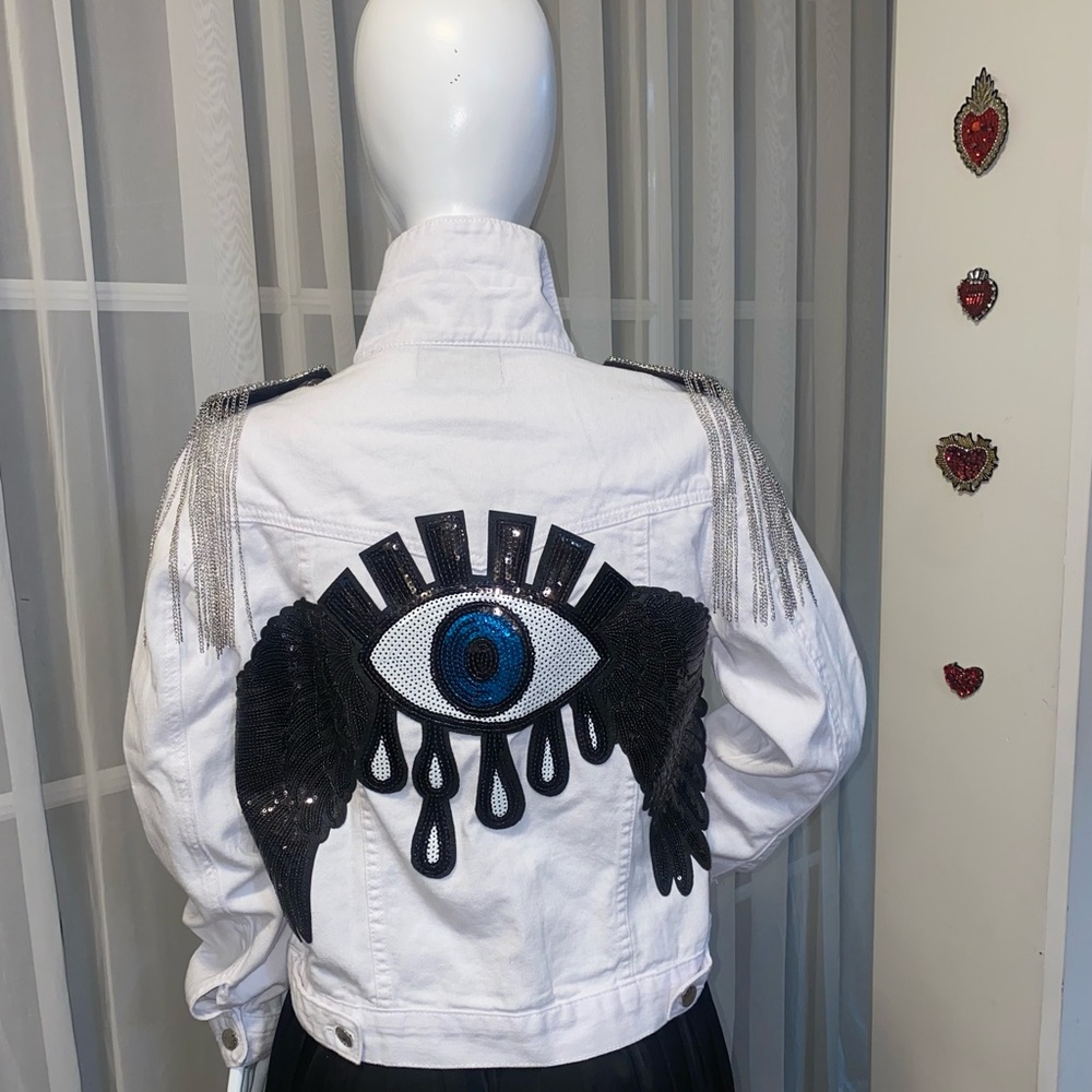 White Denim Jacket with Eye Design